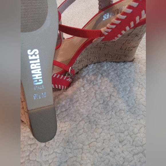 Charles By Charles David Suede Red Faux Cork Wedge T-Strap Sandal | Size: 9.5M - Picture 10 of 14